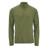 Men's 1/4 zip pullover in olive green with long sleeves and a zippered neck. Features a branding logo.