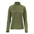 A women's pullover in olive green with a quarter zip and long sleeves, featuring a logo on the front.
