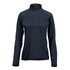 A women's navy 1/4 zip pullover featuring long sleeves and a stand-up collar, with a logo on the chest.