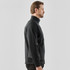 A men's knit jacket in black, featuring a high collar and a fitted design. It includes a logo on the garment.