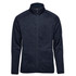 A navy full zip fleece jacket featuring a high collar and a logo on the left chest.