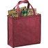 A burgundy non-woven shopper tote filled with various items, including magazines and a drink bottle. It has a logo on it.