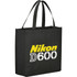 A black non-woven tote bag with two handles and a logo on the front.