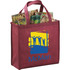 A maroon non-woven tote bag filled with food items and a drink, featuring a logo on one side.