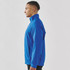 A men's full zip rain jacket in blue, featuring a high collar and a sleek design, worn by a model from the side.