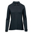 A black long-sleeve polo shirt featuring a collar and buttons, with a logo on the chest.
