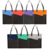 A collection of non-woven tote bags in various colours, featuring a contrasting pocket and handles, with branding displayed.