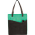 A green and black non-woven tote bag with a large compartment and a pocket on the front. It has sturdy handles and a logo.