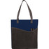 A navy and grey non-woven tote bag with long handles and a side pocket for pens. Includes a logo.