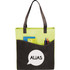 A non-woven tote bag in dark grey with a lime green pocket, featuring a logo and holding stationery.
