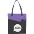 A purple and black non-woven tote bag with a large pocket and a logo. The bag features black handles.