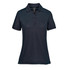 A dark navy women's polo shirt with a collared neck and short sleeves. It features buttons and a logo.