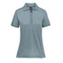 A women's polo shirt in light blue, featuring a classic collar and a small logo on the front.