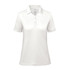A white women's polo shirt with a collar and short sleeves, featuring a branded logo.