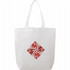 A white tote bag featuring a red geometric logo design and two sturdy handles.