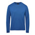 A blue long-sleeve T-shirt with a round neckline and a logo on the label.