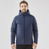 A man wearing a navy blue puffer jacket with a hood, featuring a logo. The jacket has a zip closure and a fitted design.