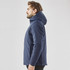 A men's thermal puffer jacket in navy, featuring a hood and a branded logo, displayed on a model in profile.