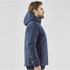 A men's puffer jacket in navy, featuring a hood and side profile view. The jacket has a branding logo.