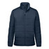 A navy blue men's thermal jacket featuring a zip front and padded sections, with a collar and a logo on the chest.