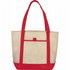 A beige tote bag with red straps and a front pocket, featuring a logo.