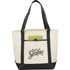 A large cream tote bag with black handles and bottom, featuring a logo on the front and a patterned pocket inside.