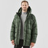 A men's puffer jacket in dark green, featuring a hood and a zippered front, displayed on a model.