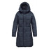 A women's puffer jacket in navy blue, featuring a hood and a quilted design. The jacket includes a branding logo.