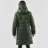 A green puffer jacket with a hood, featuring a quilted design and a mid-length cut, displayed from the back.