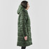 A women's puffer jacket in dark green with a hood, showcasing a side profile view.
