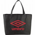A black non-woven shopper tote with a red logo, featuring two handles for easy carrying.