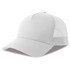 A white trucker cap featuring a solid front panel and mesh sides, with a slight curve in the brim.