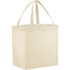 A beige non-woven tote bag with two handles and a rectangular shape. It features a simple design and includes a logo.