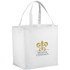 A white non-woven tote bag with two handles and a logo on one side. Features a spacious design for carrying items.