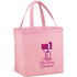 A pink non-woven shopper tote bag with two handles and a logo on the front.