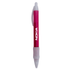 A pink and white plastic pen with a logo, featuring a wide body design for comfortable grip.