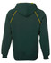 A green hoodie with yellow contrast stitching and a hood, featuring a logo on the back.