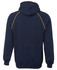 A navy hoodie with contrasting yellow stitching and a hood, featuring a brand logo.