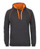 A dark grey hoodie with an orange lining and drawstrings, featuring a front pocket and branding.