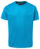 A bright blue T-shirt with short sleeves and a round neckline, featuring a logo on the label.