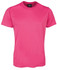 A pink T-shirt with short sleeves and a branded tag on the neckline.