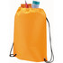 An orange drawstring sportspack with black cords, filled with a drink bottle and two other items.