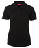 A black ladies' polo shirt featuring a collar and a three-button placket, with a logo on the chest.