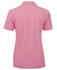 A pink polo shirt with a classic collar and short sleeves, featuring a logo on the back.