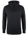 A black hoodie featuring a drawstring hood and a minimalist design, with a logo on the front.
