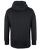 A black hoodie with a kangaroo pocket and a hood, featuring a logo on the back.