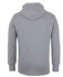 A grey hoodie featuring a hood and long sleeves, presented from the back. It has a branding logo.