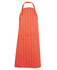 An orange striped apron with a pocket, featuring a neck strap and adjustable tie.