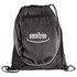 A black drawstring sportspack with a zippered pocket and mesh sides, featuring a logo on the front.