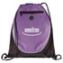 A purple drawstring sportspack with a black base and mesh sides, featuring a logo on the front.